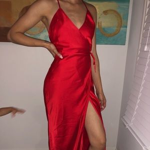 HOUSE OF CB red satin wrap dress